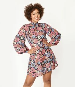 Smak Parlour Black & Purple Floral Girl Talk Mini Dress