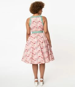 Unique Vintage Pink & Mushroom Print Maxine Swing Dress Sale