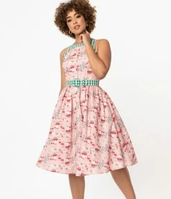 Unique Vintage Pink & Mushroom Print Maxine Swing Dress Sale