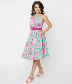 Unique Vintage Green & Lilac Floral Print Tarrytown Hostess Dress Sale