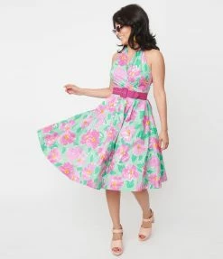 Unique Vintage Green & Lilac Floral Print Tarrytown Hostess Dress Sale