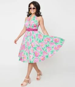 Unique Vintage Green & Lilac Floral Print Tarrytown Hostess Dress Sale