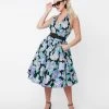 Unique Vintage Black & Lilac Floral Print Tarrytown Hostess Dress