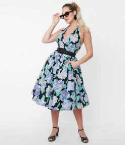 Unique Vintage Black & Lilac Floral Print Tarrytown Hostess Dress
