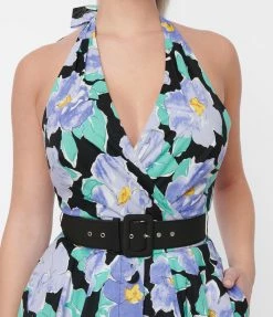 Unique Vintage Black & Lilac Floral Print Tarrytown Hostess Dress