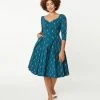 Unique Vintage Teal & Pink Tulip Print Lamar Swing Dress Sale