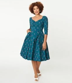 Unique Vintage Teal & Pink Tulip Print Lamar Swing Dress Sale