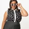 Sale Unique Vintage Plus Size Black & Multicolor Cherry Print Rochester Top