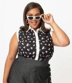 Sale Unique Vintage Plus Size Black & Multicolor Cherry Print Rochester Top