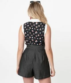 Sale Unique Vintage Black & Multicolor Cherry Print Rochester Top