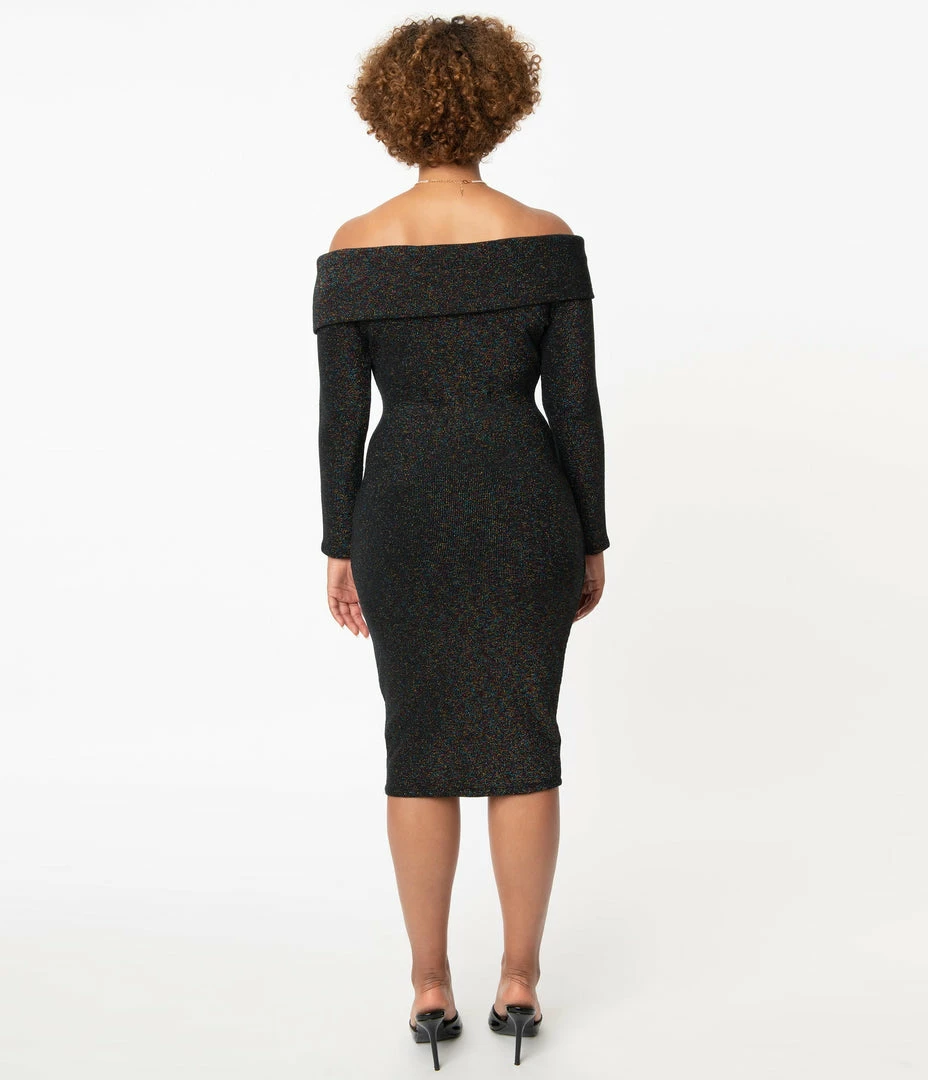 Unique Vintage Black & Rainbow Sparkle Vickie Wiggle Dress Sale