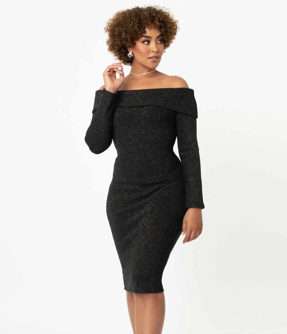 Unique Vintage Black & Rainbow Sparkle Vickie Wiggle Dress Sale