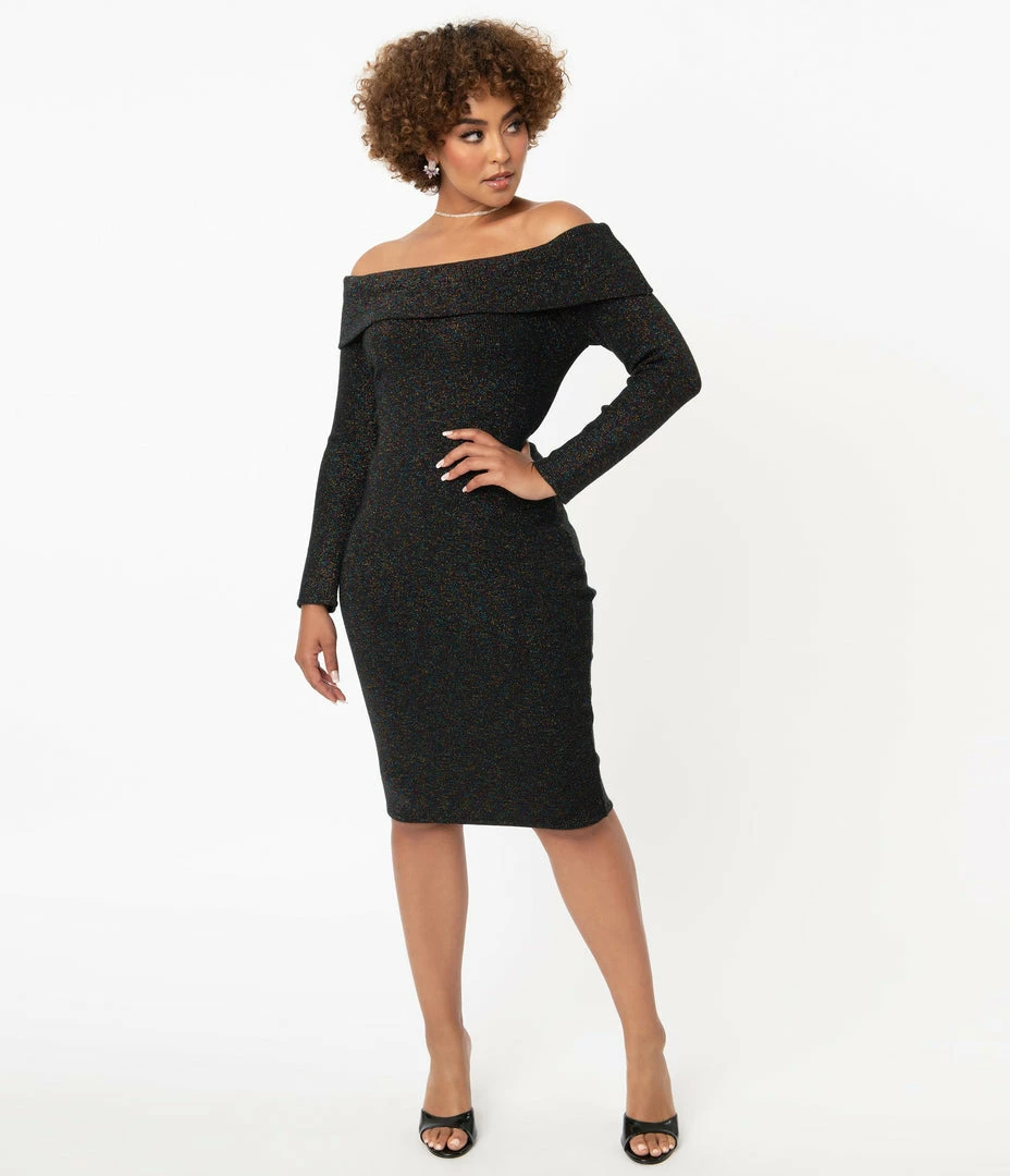 Unique Vintage Black & Rainbow Sparkle Vickie Wiggle Dress Sale