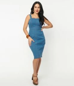 Unique Vintage Light Blue Denim Kathleen Wiggle Dress Sale