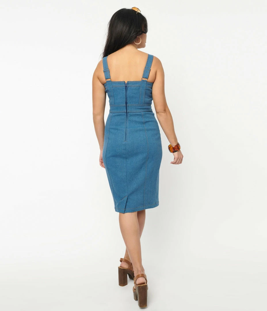 Unique Vintage Light Blue Denim Kathleen Wiggle Dress Sale