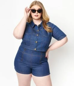 Unique Vintage Plus Size Blue Denim Summer Love Shorts