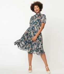 Unique Vintage Teal Paisley Print Leota Swing Dress Sale