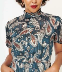 Unique Vintage Teal Paisley Print Leota Swing Dress Sale