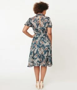 Unique Vintage Teal Paisley Print Leota Swing Dress Sale