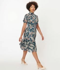 Unique Vintage Teal Paisley Print Leota Swing Dress Sale