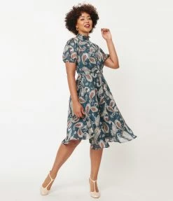 Unique Vintage Teal Paisley Print Leota Swing Dress Sale