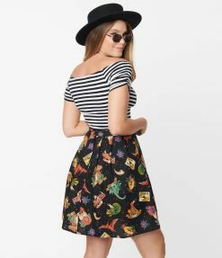 Factory X (Dangerfield) Black Prehistoric Tattoo Style Print Skater Skirt Sale