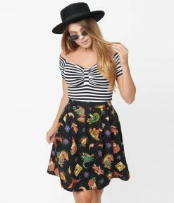 Factory X (Dangerfield) Black Prehistoric Tattoo Style Print Skater Skirt Sale