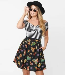 Factory X (Dangerfield) Black Prehistoric Tattoo Style Print Skater Skirt Sale