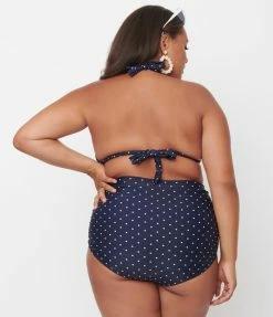 Swimwear Unique Vintage Plus Size Navy & White Pin Dot Print Monroe Swim Top