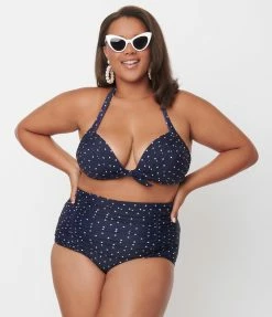 Swimwear Unique Vintage Plus Size Navy & White Pin Dot Print Monroe Swim Top