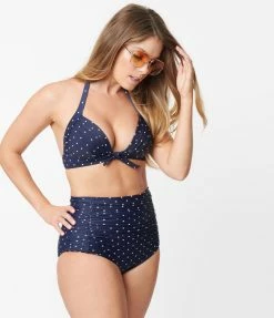 Swimwear Unique Vintage Navy & White Pin Dot Monroe Halter Swim Top