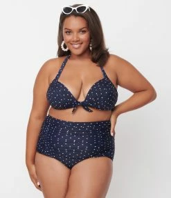 Swimwear Unique Vintage Plus Size Navy & White Pin Dot Monroe High Waist Swim Bottom