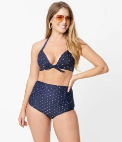 Swimwear Unique Vintage Navy & White Pin Dot Monroe High Waist Swim Bottom