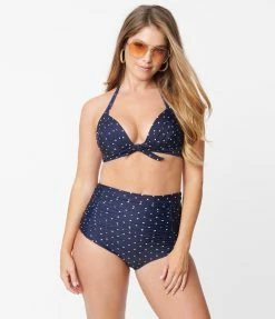 Swimwear Unique Vintage Navy & White Pin Dot Monroe High Waist Swim Bottom
