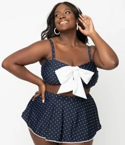 Swimwear Unique Vintage Plus Size Navy & White Pin Dot Rialto Bikini Top