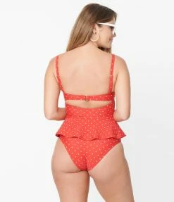 Swimwear Unique Vintage Red & White Pin Dot Peplum Solana Tankini Swim Top