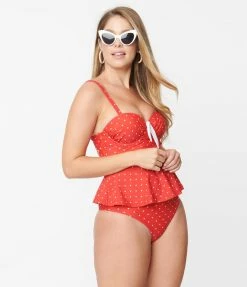 Swimwear Unique Vintage Red & White Pin Dot Peplum Solana Tankini Swim Top