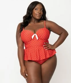 Swimwear Unique Vintage Plus Size Red & White Pin Dot Daphne Swim Bottoms