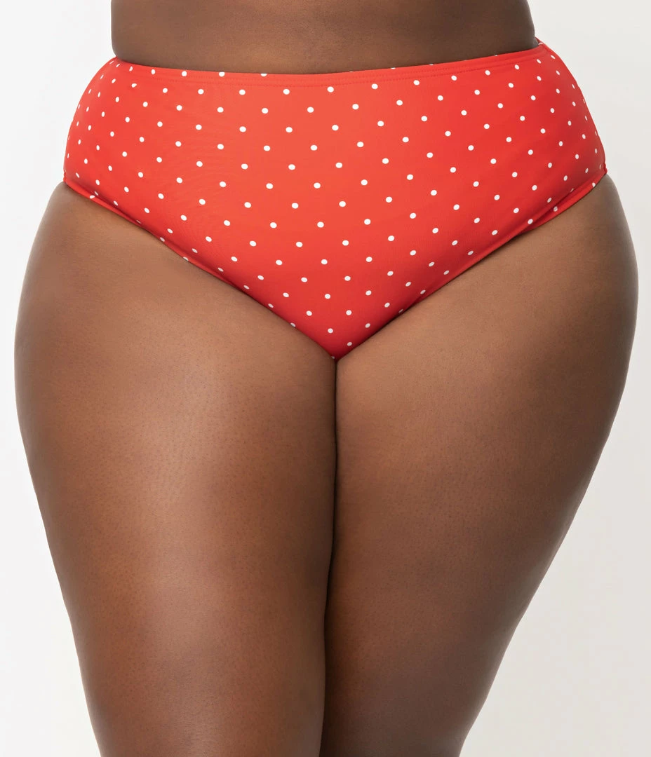 Swimwear Unique Vintage Plus Size Red & White Pin Dot Daphne Swim Bottoms