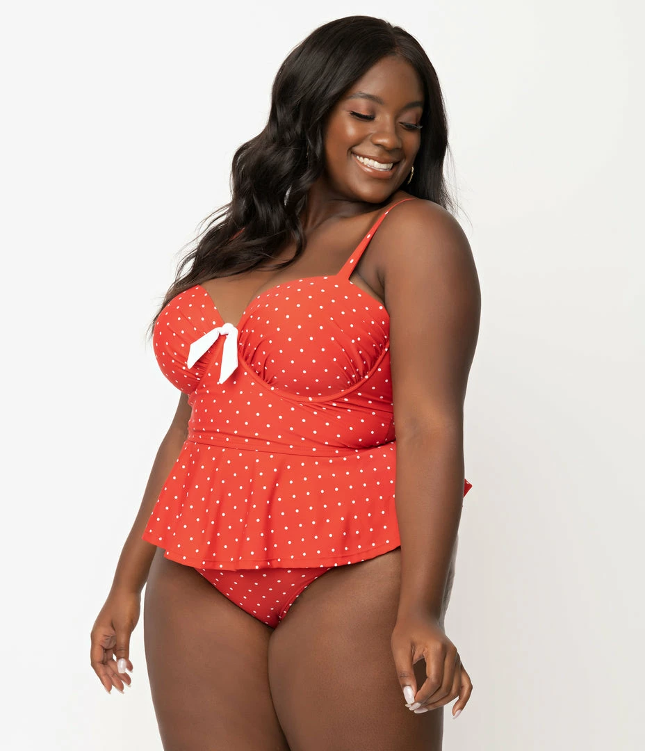 Swimwear Unique Vintage Plus Size Red & White Pin Dot Daphne Swim Bottoms
