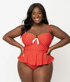Swimwear Unique Vintage Plus Size Red & White Pin Dot Daphne Swim Bottoms