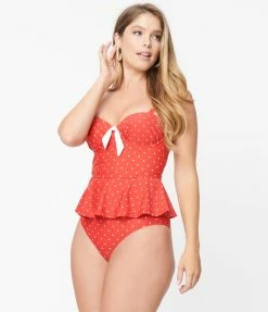 Unique Vintage Red & White Pin Dot Daphne Swim Bottoms