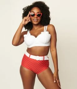 Unique Vintage White Bowed Over Swim Top Swimwear