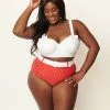 Unique Vintage Plus Size Red & White Pin Dot Belted Redondo Swim Bottoms Swimwear