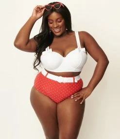 Unique Vintage Plus Size Red & White Pin Dot Belted Redondo Swim Bottoms Swimwear