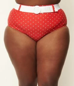 Unique Vintage Plus Size Red & White Pin Dot Belted Redondo Swim Bottoms Swimwear