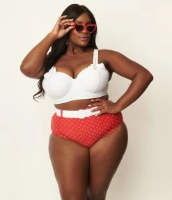 Unique Vintage Plus Size Red & White Pin Dot Belted Redondo Swim Bottoms Swimwear