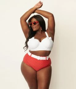 Unique Vintage Plus Size Red & White Pin Dot Belted Redondo Swim Bottoms Swimwear
