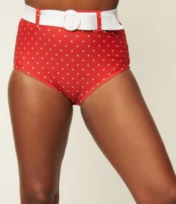 Unique Vintage Red & White Pin Dot Belted Redondo Swim Bottoms