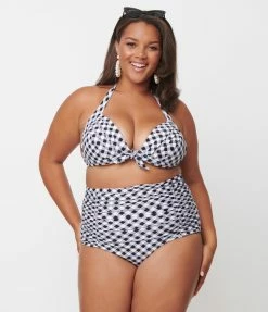 Unique Vintage Plus Size Black & White Gingham Monroe Halter Swim Top